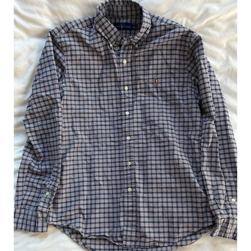 Ralph Lauren Men’s Dress Shirt Size M Medium Navy Blue Plaid Pony Logo 15/33 - Picture 2 of 6